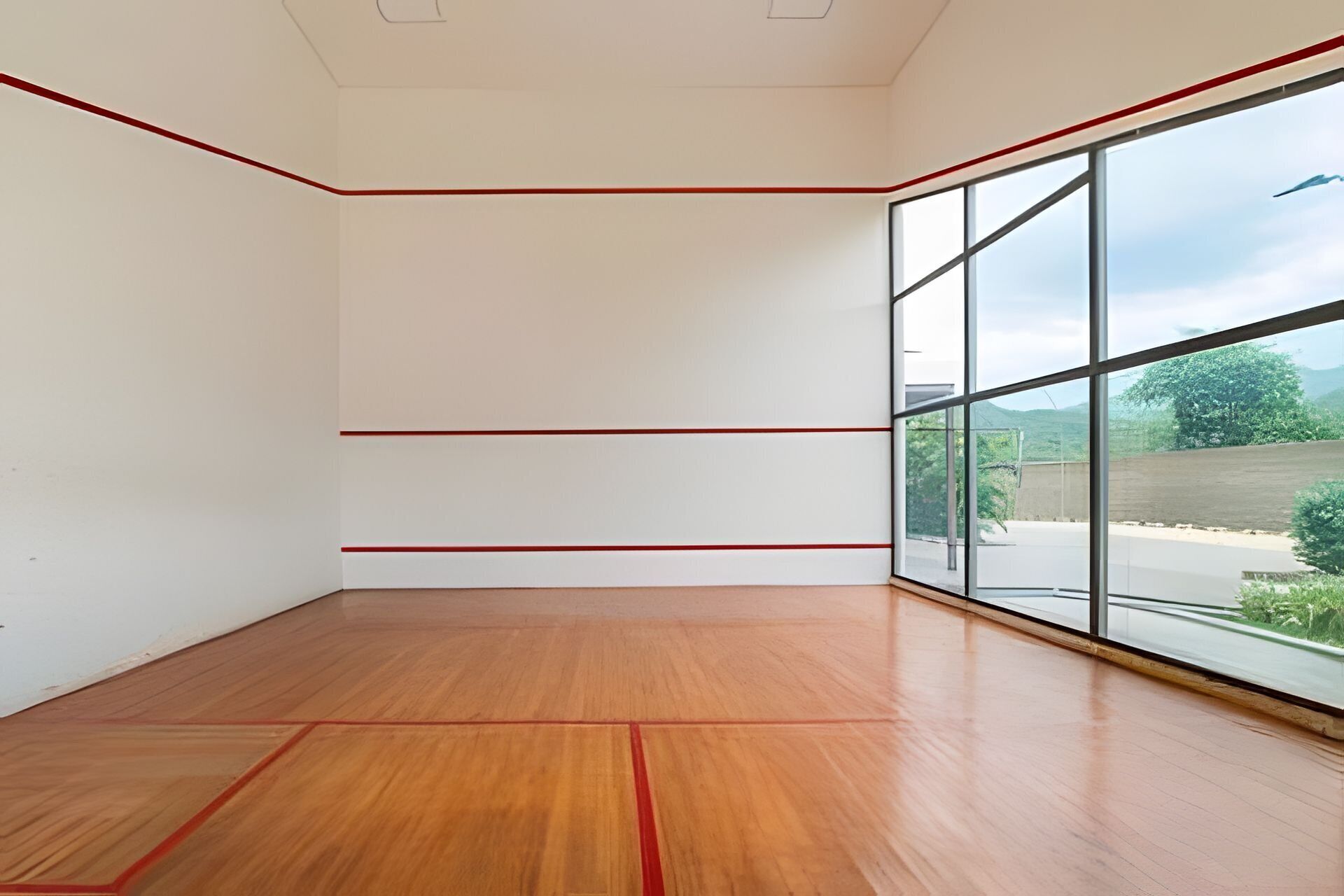 A room with a wooden floor, white walls, and a large window with a view of greenery.