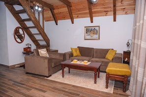 TV connectée, cheminée, livres