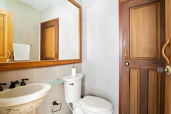 Ein Badezimmer mit Waschbecken, Toilette und Holztür.