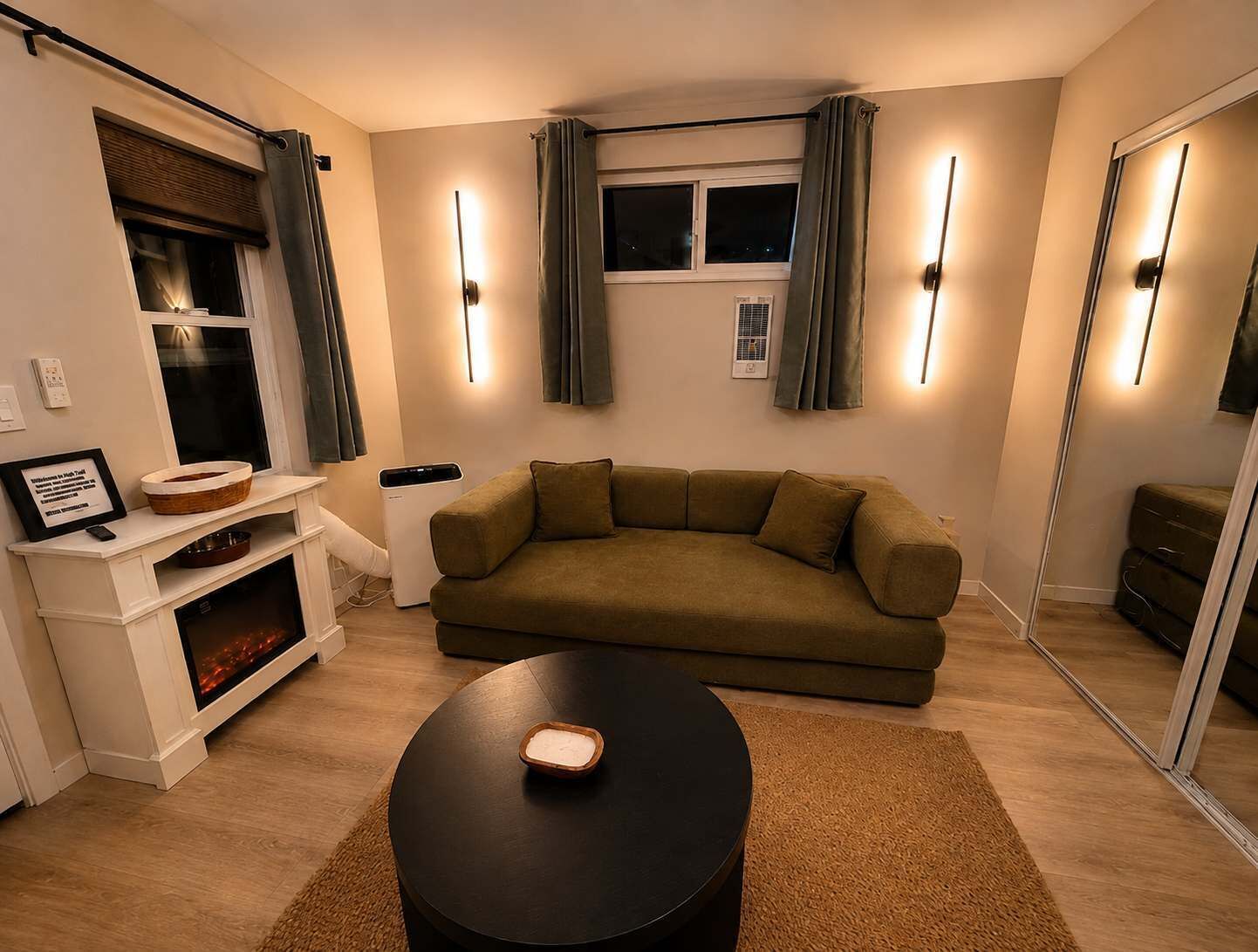 A modern living room with a sofa, a coffee table, and a fireplace.
