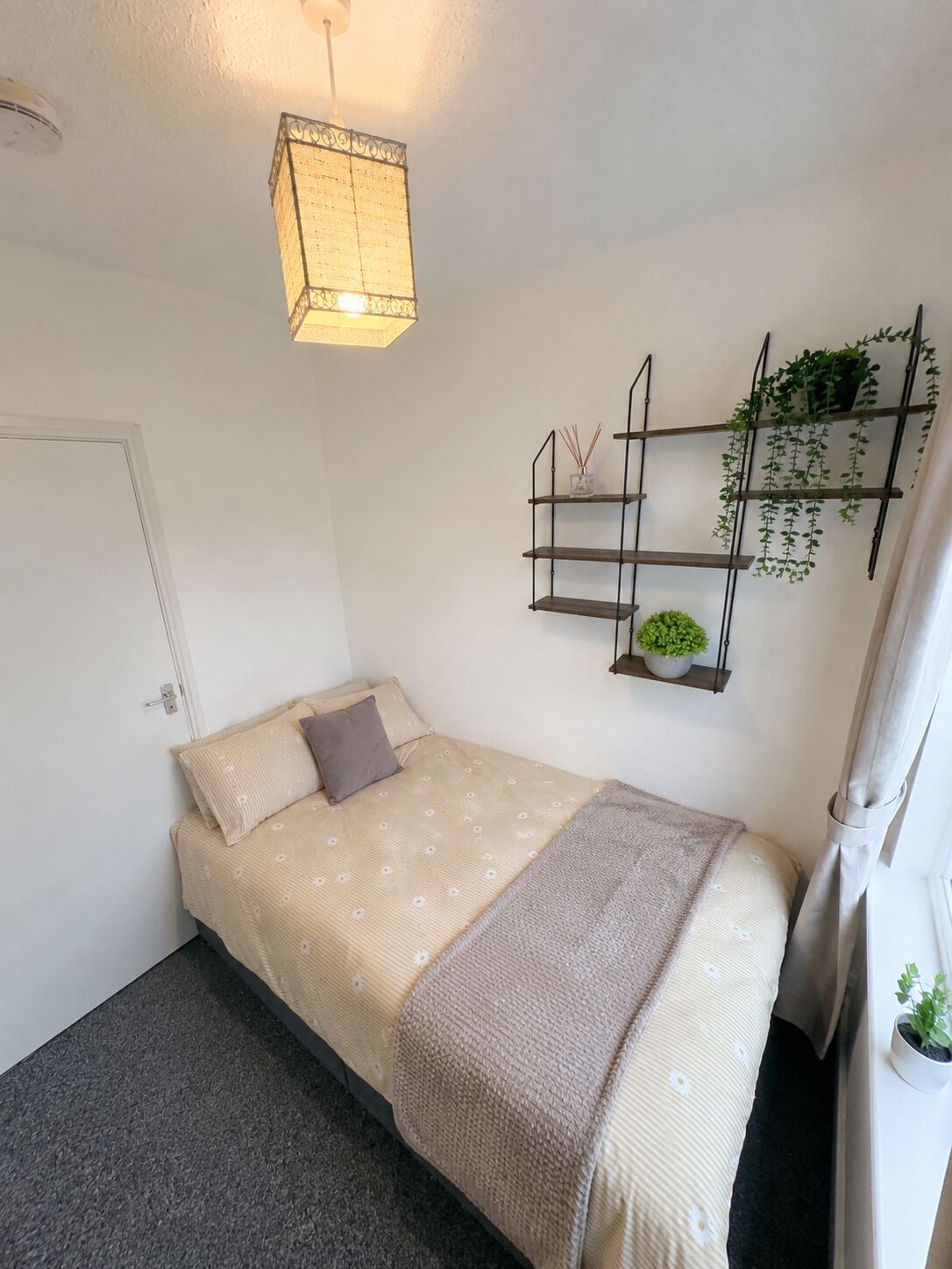 A bedroom with a bed, a bedside table, a hanging plant, a wall-mounted shelf, and a ceiling light fixture.