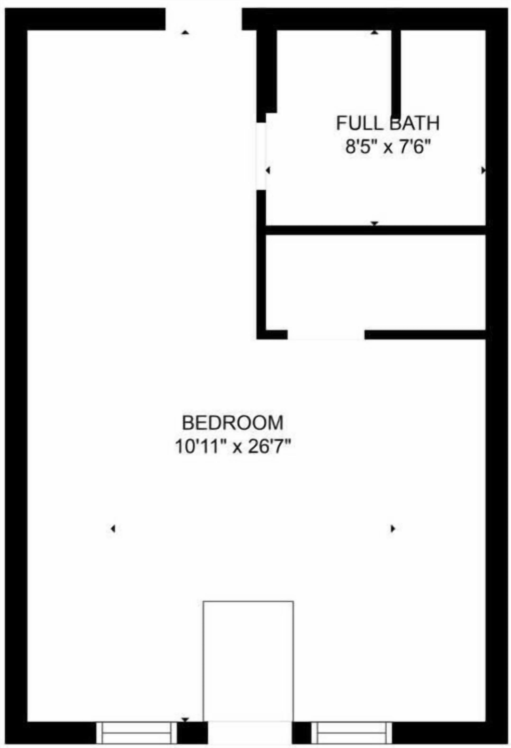 A floor plan with a full bath measuring 8'5' x 7'6' and a bedroom measuring 10'11' x 26'7'.