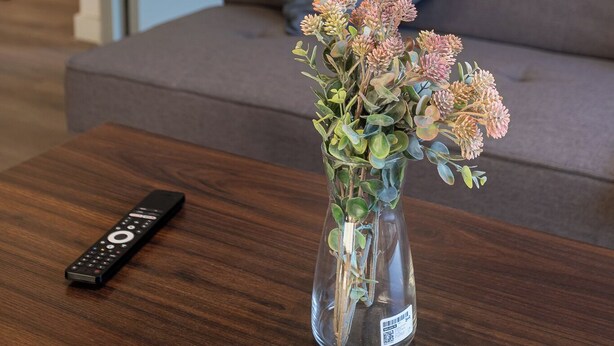 A living room with a sofa, a remote control, and a vase with flowers on a wooden table. - R. Lyon Apartments by Andes STR (Providencia)