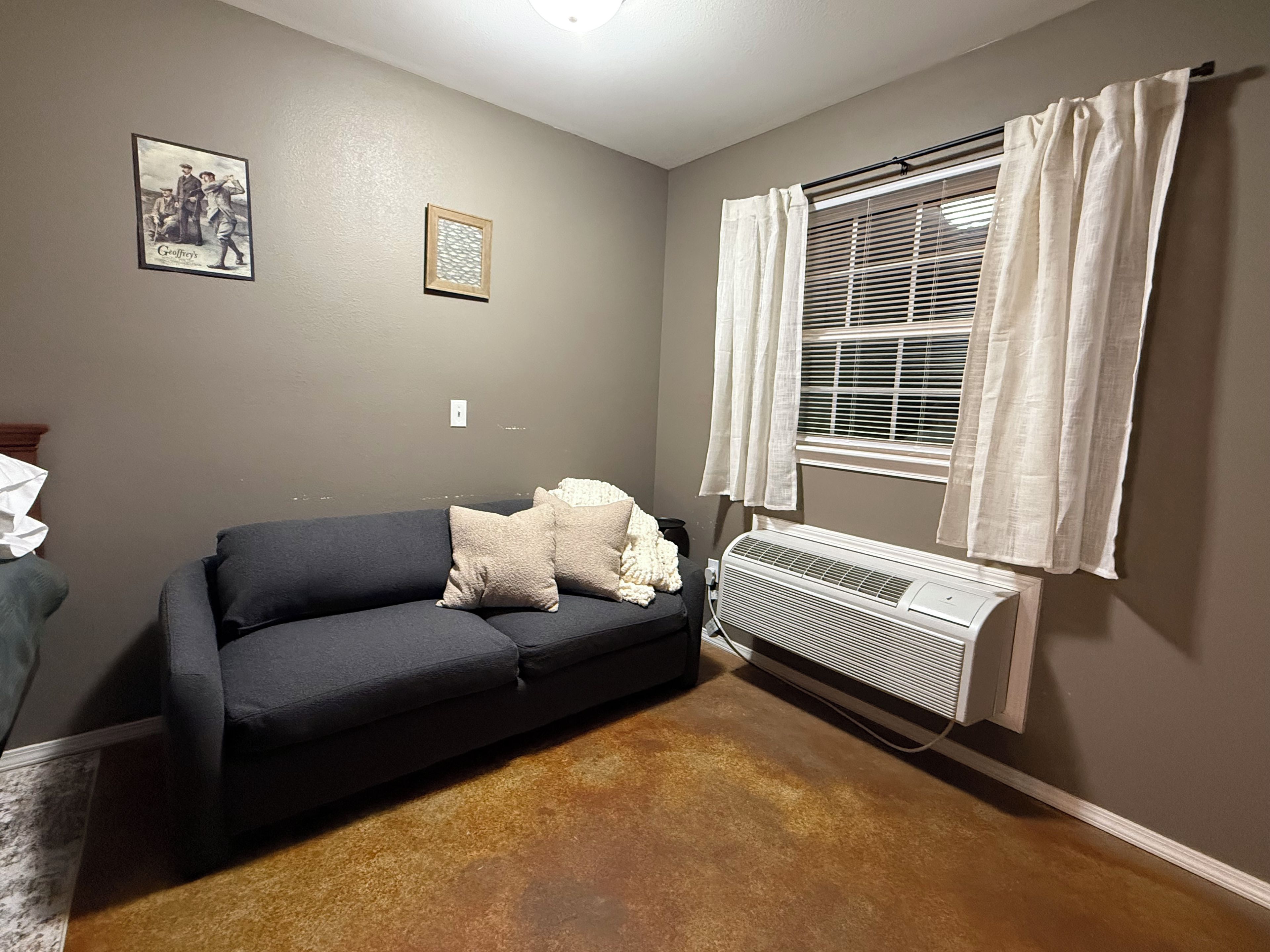 A living room with a dark-colored sofa, a white radiator, and a window with white curtains.