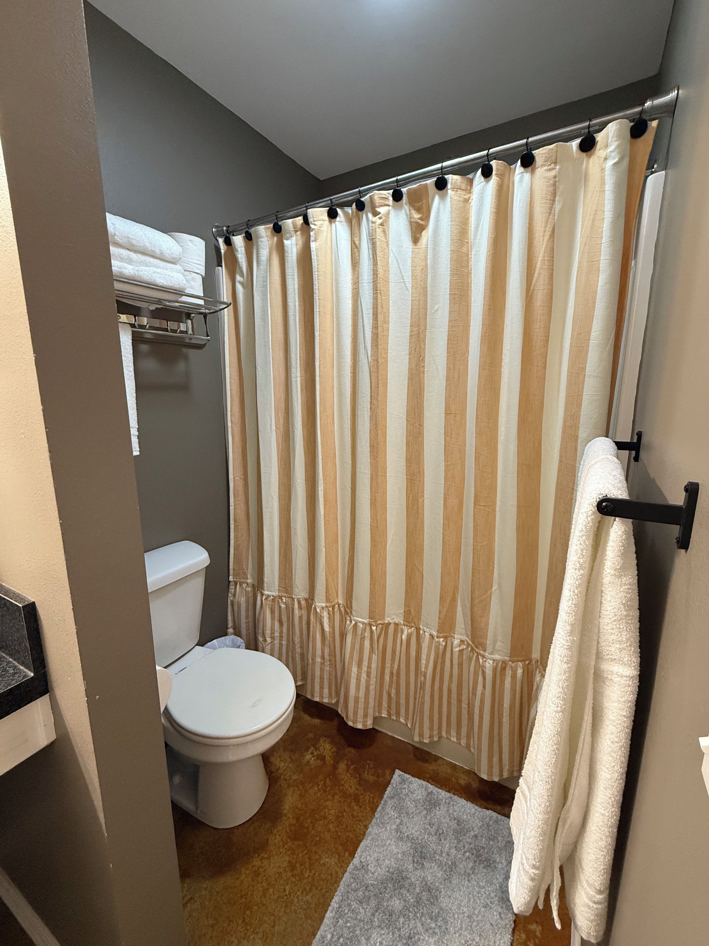 A bathroom with a striped shower curtain, a toilet, and a towel rack.