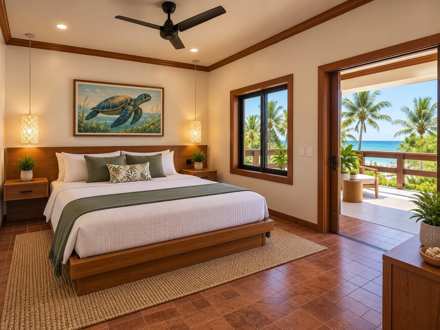 A bedroom with a bed, nightstands, a ceiling fan, a painting of a turtle, a window with a view of palm trees and the ocean, and a balcony with a chair and plants.