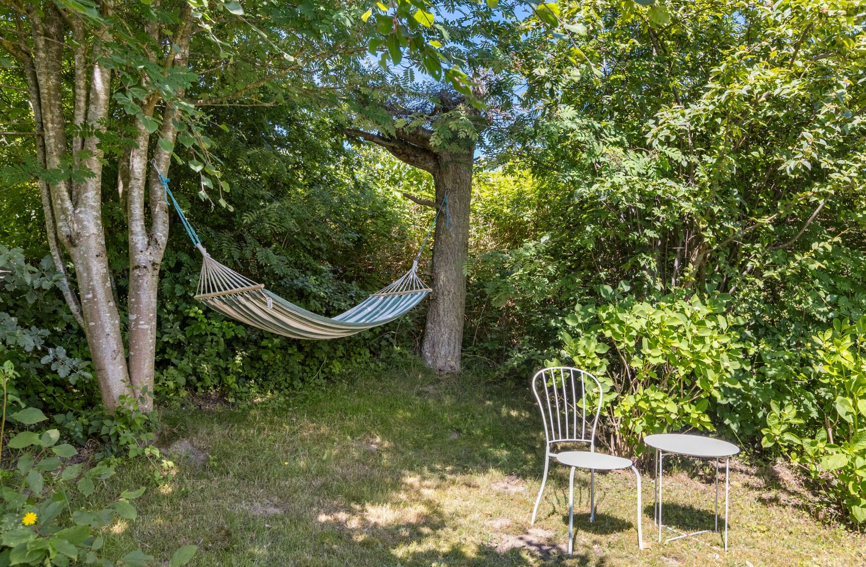 Un hamac tendu entre deux arbres, une chaise en métal et une petite table, le tout dans un espace boisé.