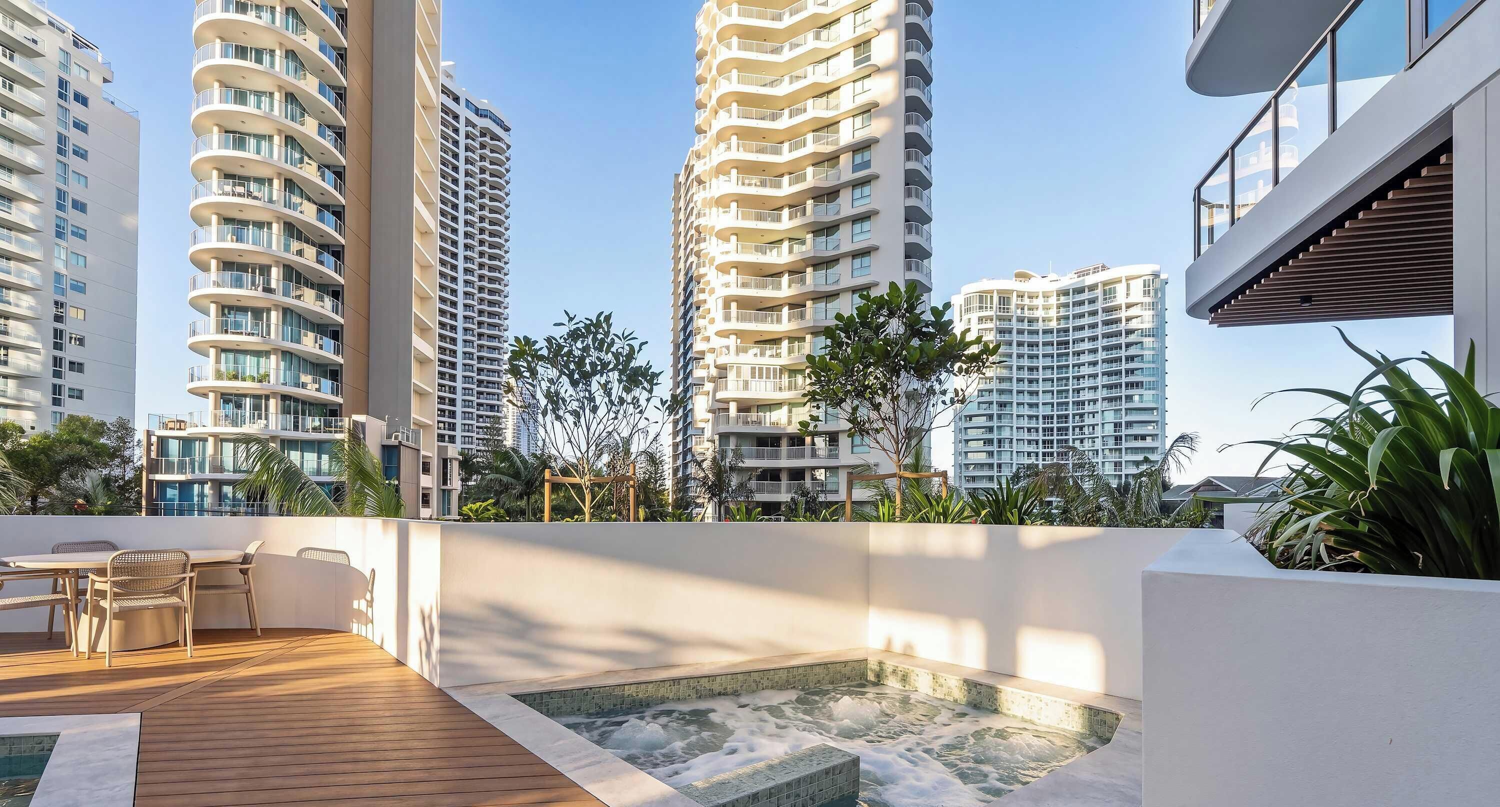 A rooftop terrace with a hot tub, outdoor seating, and views of high-rise buildings.