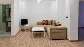 A modern living room with a sofa, a coffee table, a TV on a stand, and a glass shower area. - Confort plus (Agadir)