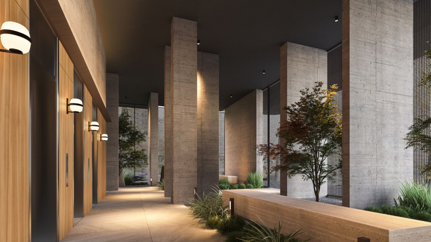 A modern interior with concrete pillars, wooden paneling, and a bench.