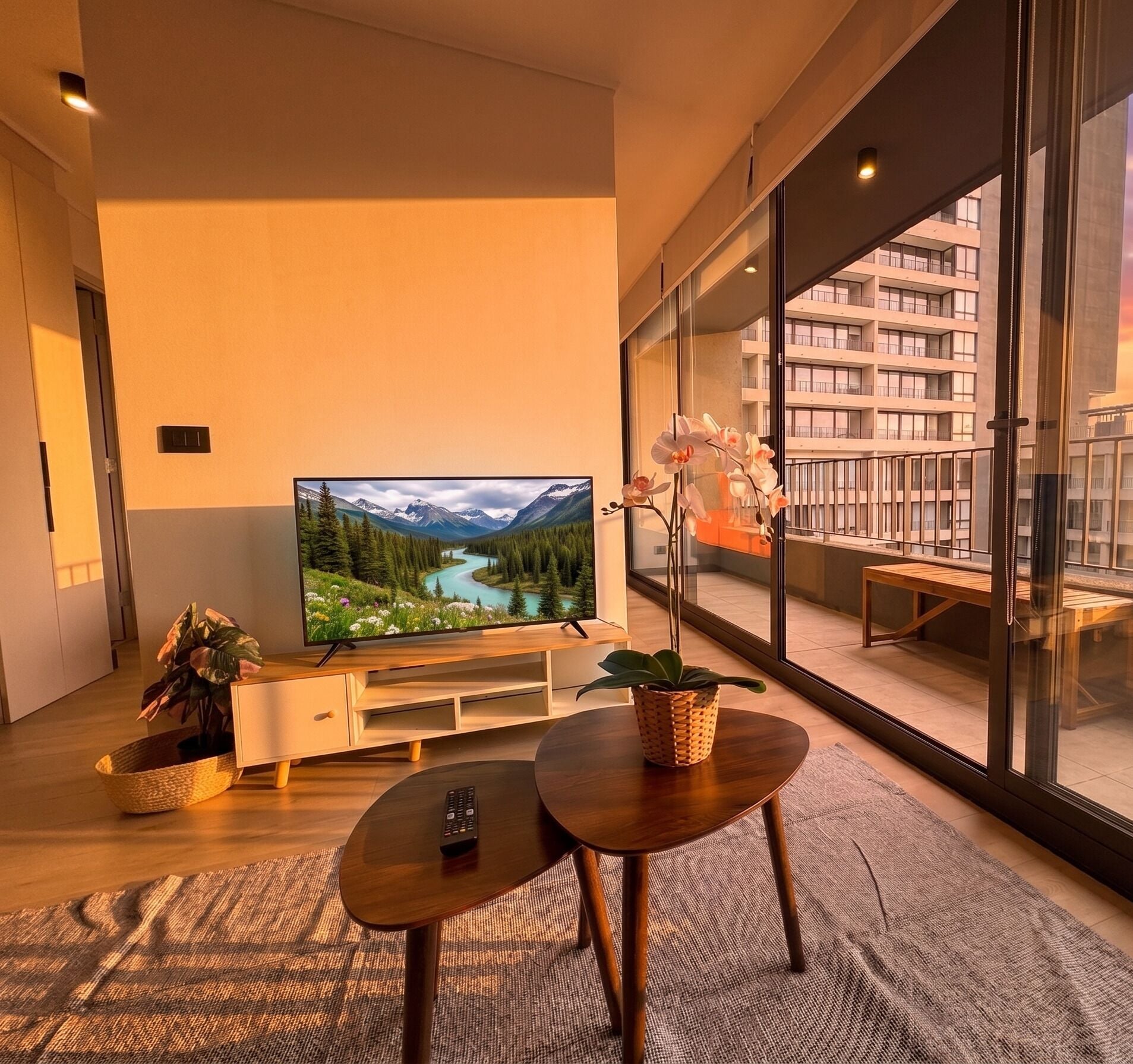 A modern living room with a large flat-screen TV, a wooden coffee table, a potted plant, and a view of a building through large windows.