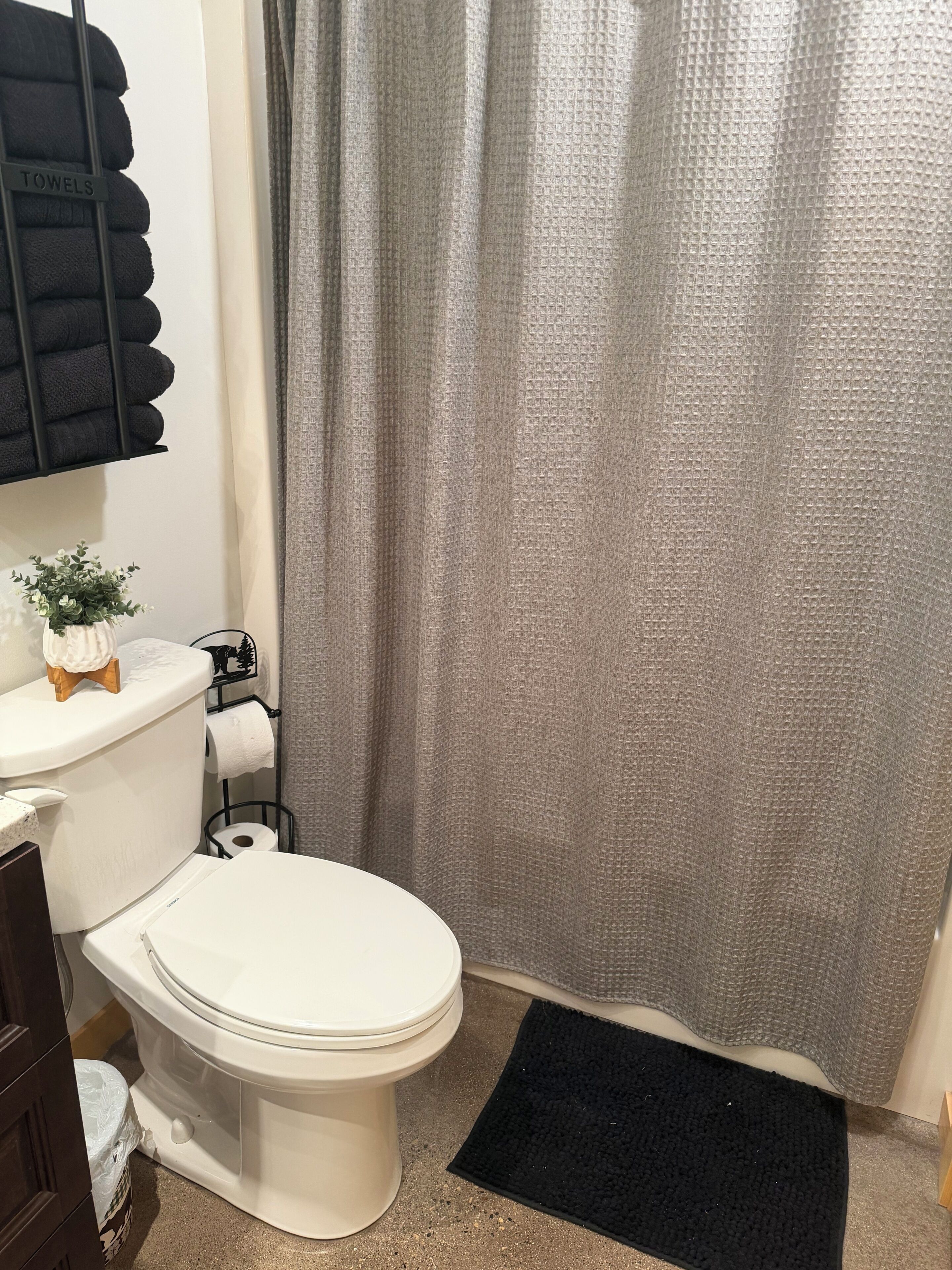 Un bagno con il water, un porta asciugamani, una piccola pianta e una tenda da doccia.