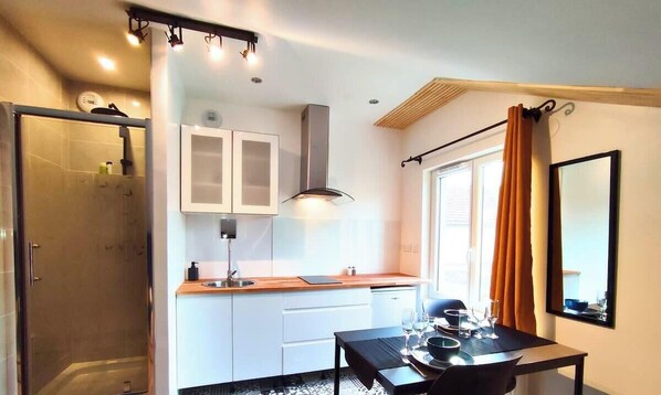 Een studio-appartement met een kitchenette, een eethoek en een douche.
