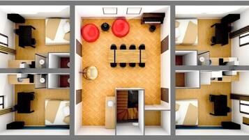 Distribución de una habitación de hotel con cama, zona de estar y una pequeña cocina.