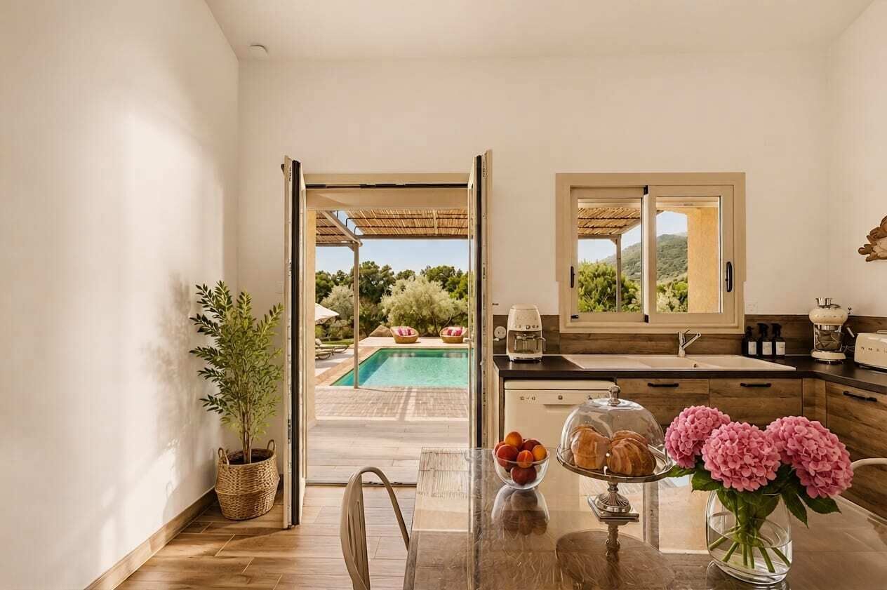 Eine moderne Küche mit Blick auf Pool und Garten.