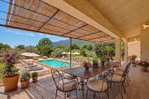 Eine Terrasse im Freien mit Pool, umgeben von Kübelpflanzen und Gartenmöbeln.