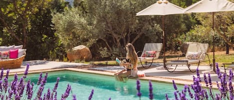 A pool area with a clear view of the surrounding landscape, including trees and a mountain in the background.