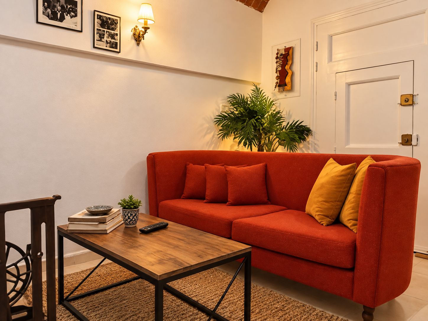 Ein Wohnzimmer mit einem roten Sofa, einem Holztisch, einer Topfpflanze und Wandbildern.