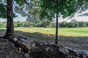 Ein Golfplatz mit Putting Green, Bäumen und einem Kiesweg.