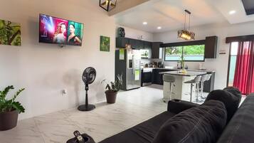 Een moderne woonkamer met een zwarte bank, een televisie, een ventilator en een potplant.