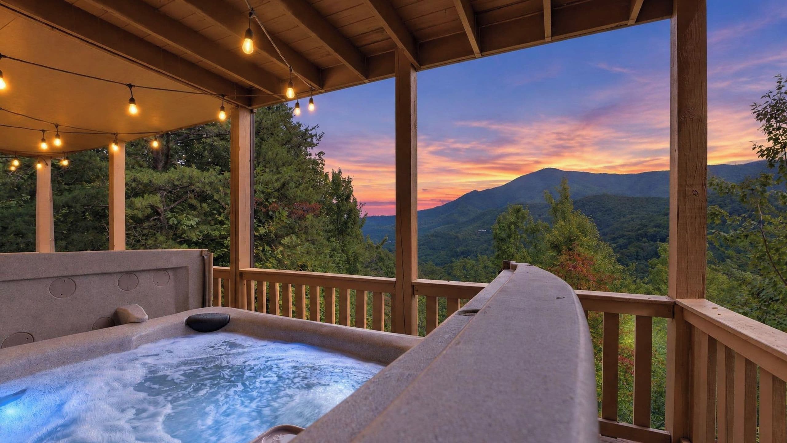 Un bain à remous avec une terrasse en bois et une vue sur une chaîne de montagnes au coucher du soleil.