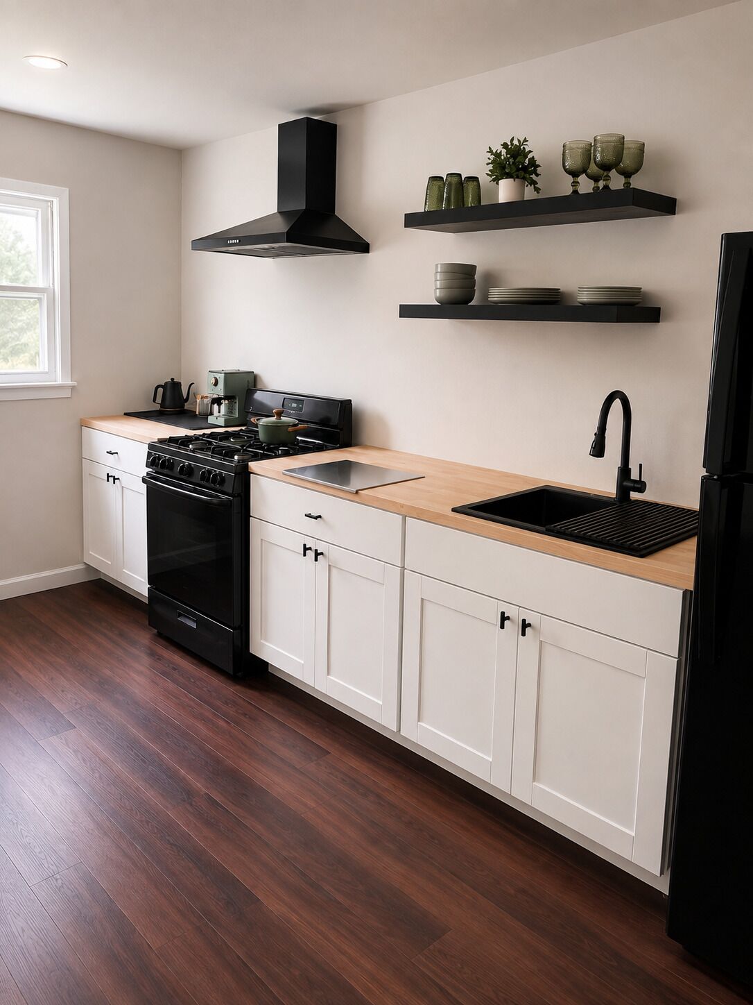 Une cuisine équipée d’une cuisinière, d’un four et d’un évier noir. Les meubles de rangement sont blancs et le plan de travail est en bois.