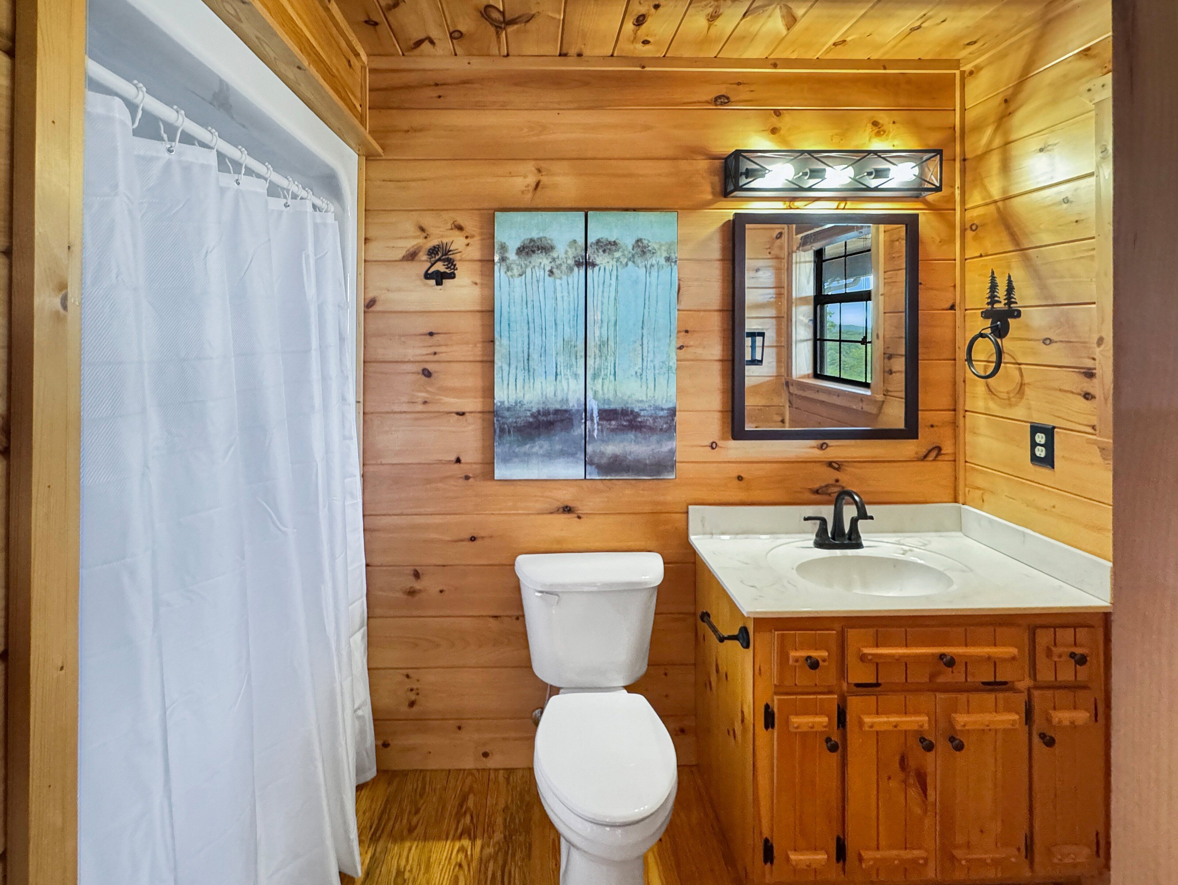 Baño de cabaña de madera con inodoro, lavabo y espejo con luces arriba.