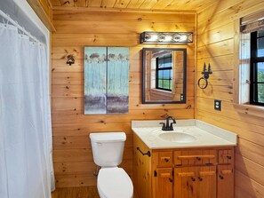 Ein Badezimmer einer Holzhütte mit Toilette, Waschbecken und Schränken.