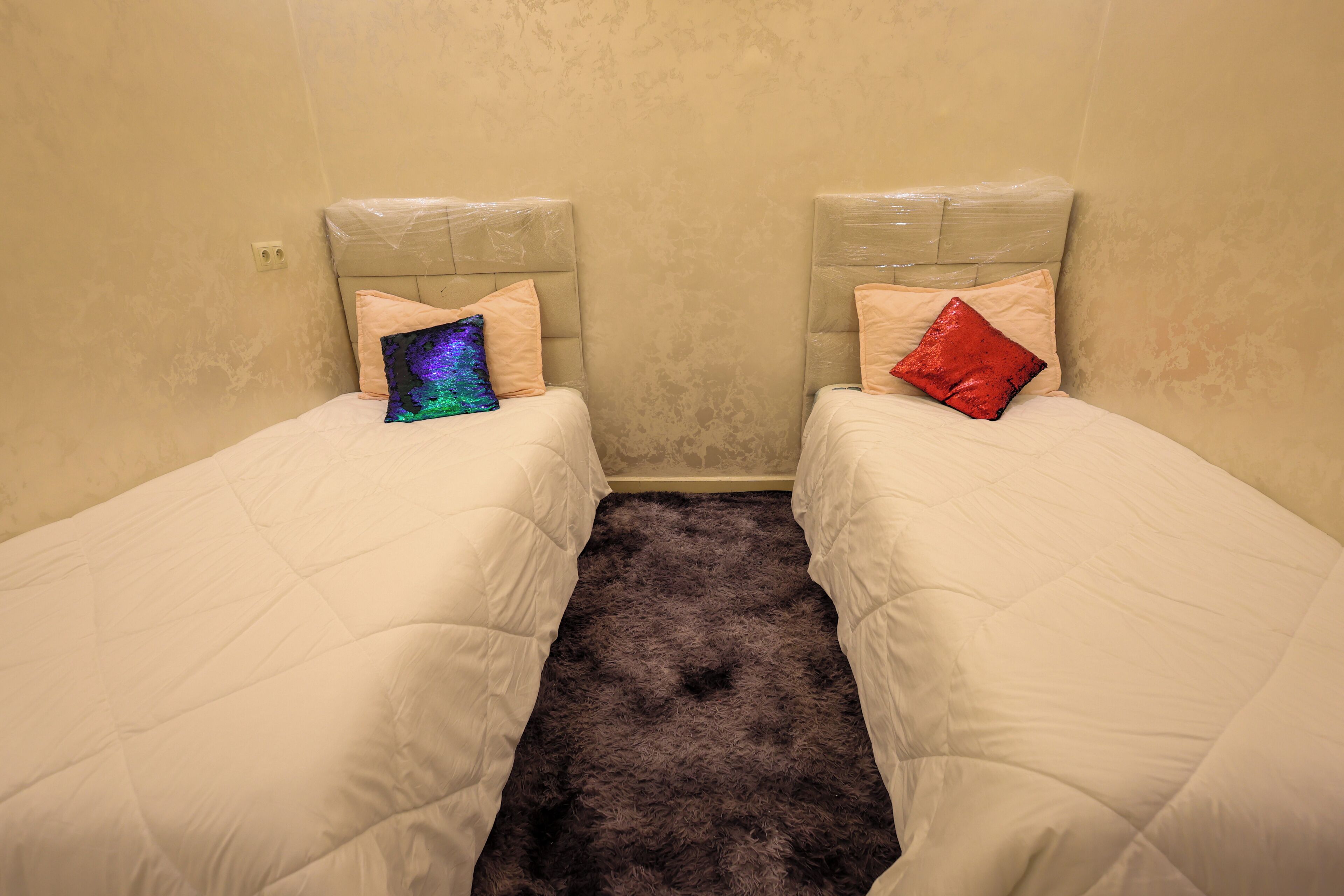 A room with two single beds, each with a headboard and a pillow.