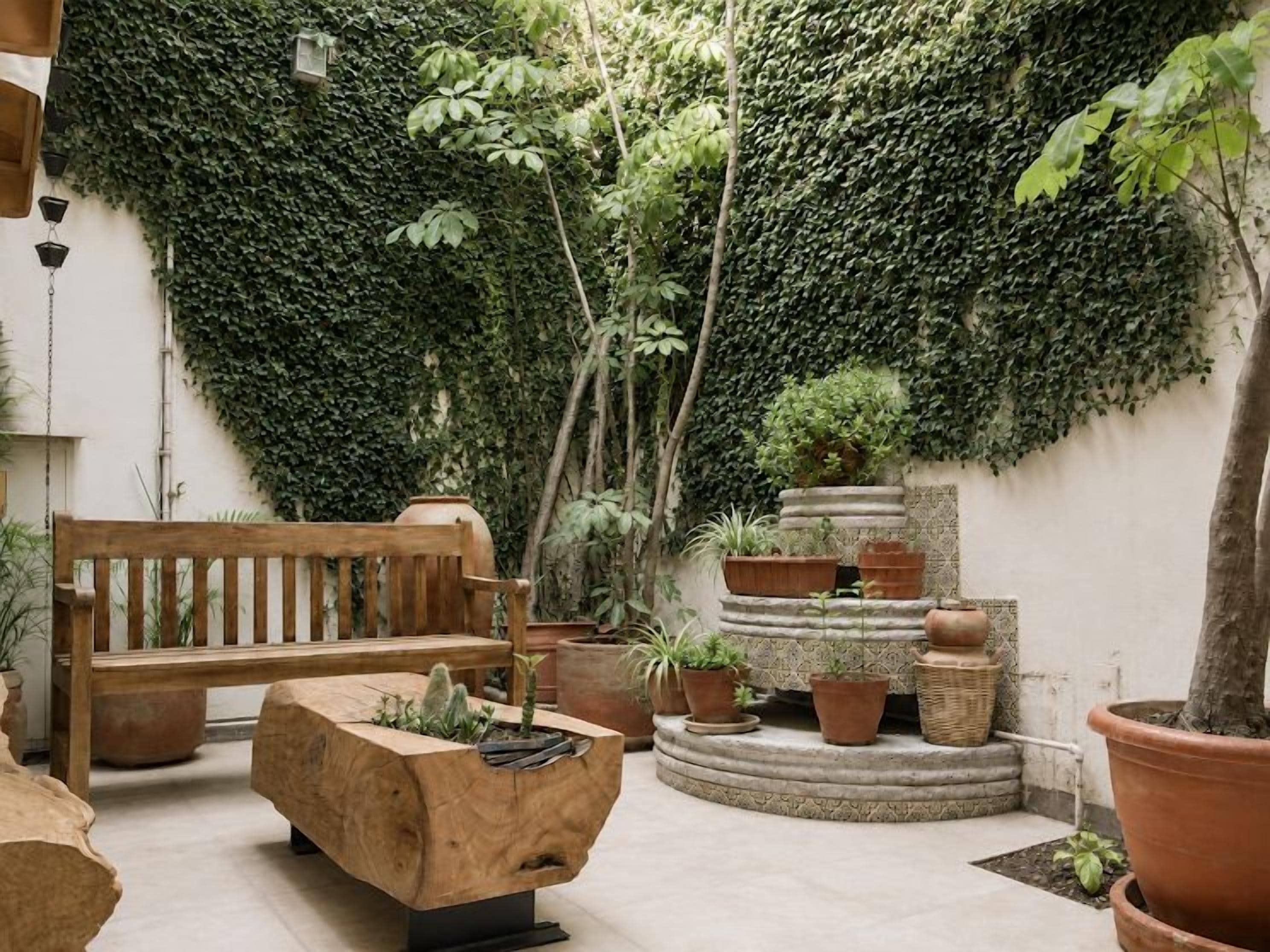 Un patio con un banco de madera, plantas en macetas y una pared cubierta de hiedra.