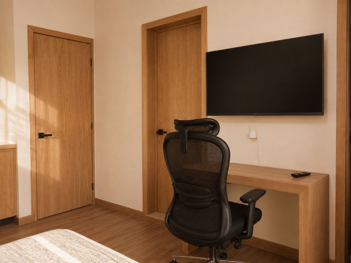 Una habitación con un escritorio de madera, una silla de oficina negra, un televisor de pantalla plana montado en la pared y una puerta de madera cerrada.
