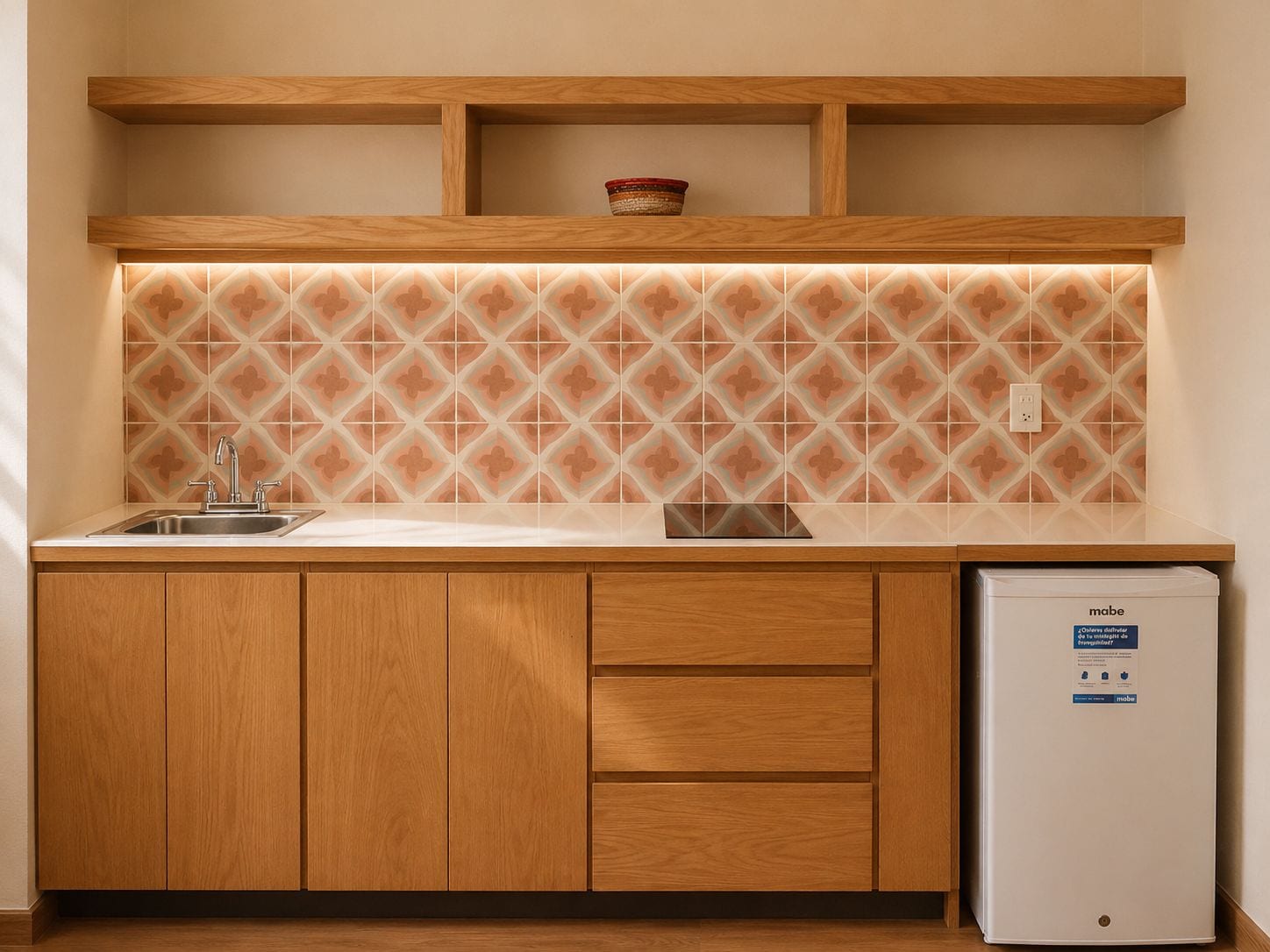 A kitchen with wooden cabinets, a stainless steel sink, a tiled backsplash, and a white refrigerator.