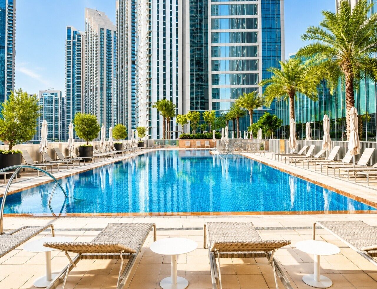 Une piscine entourée d’immeubles imposants, avec des chaises longues et des parasols.
