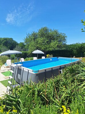 A rectangular above-ground pool with a ladder on one side, surrounded by lush greenery and trees. - Holiday home with swimming pool in a Mediterranean setting (Ližnjan)