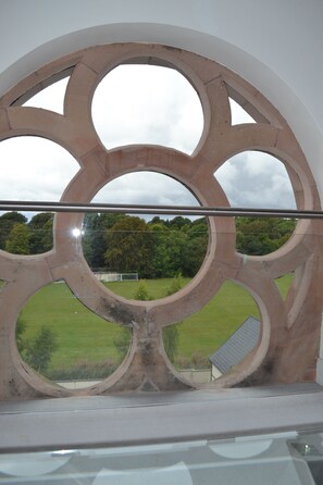 A window with a circular architectural design.