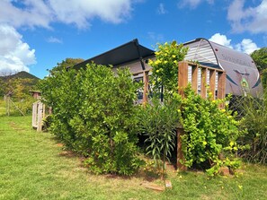 Una casa con un jardín grande, una valla de madera y un remolque con la leyenda 'SPRINGDALE'.