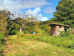 A rustic wooden structure with a sloped roof, surrounded by lush greenery and a clear sky.