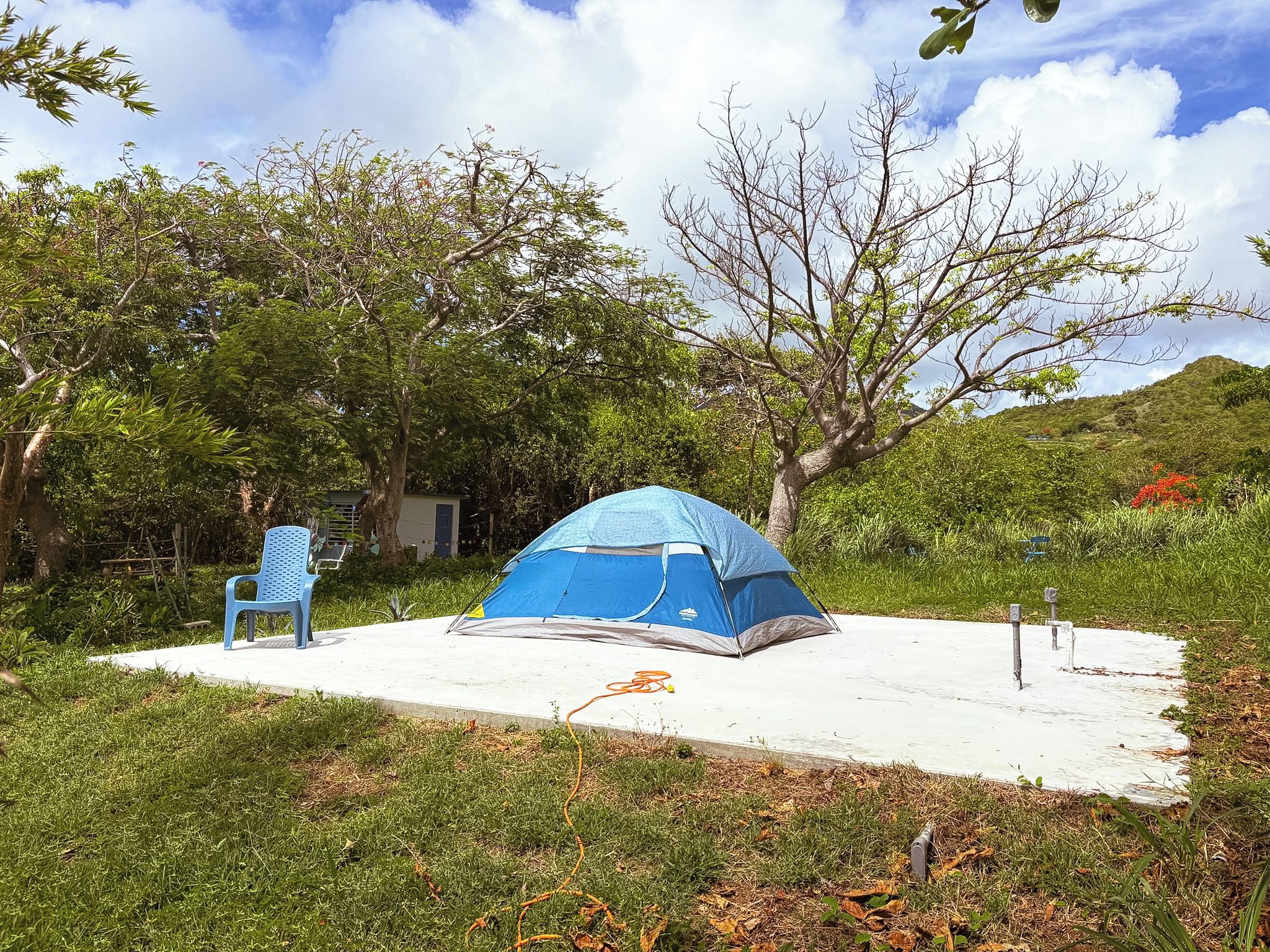 A blue tent set up on a concrete platform with a blue plastic chair nearby, surrounded by greenery and trees.