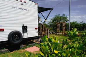 Un camping-car blanc, baptisé SPRINGDALE, était garé dans un jardin agrémenté d’une pergola en bois et d’un chemin pavé.