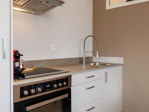 A compact kitchen with a built-in oven, a stovetop, a sink, and a coffee machine. - Lau'tentik by Interhome (Collombey-Muraz)