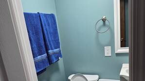 A bathroom with a toilet, sink, and a blue towel hanging on the wall.