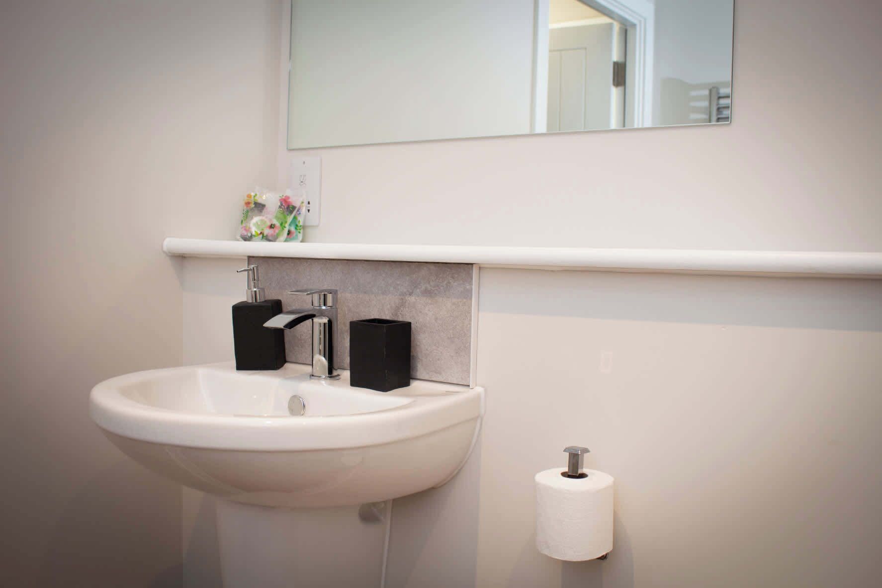 Une salle de bain avec un lavabo blanc, un miroir au-dessus et un porte-rouleau de papier toilette fixé au mur.