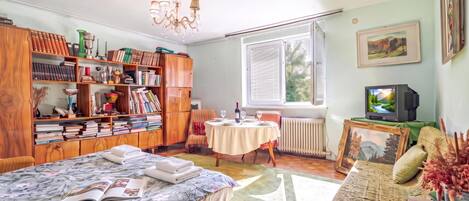 Une pièce bien éclairée, comprenant un lit, une table à manger, un téléviseur et une bibliothèque remplie de livres et d’objets décoratifs.