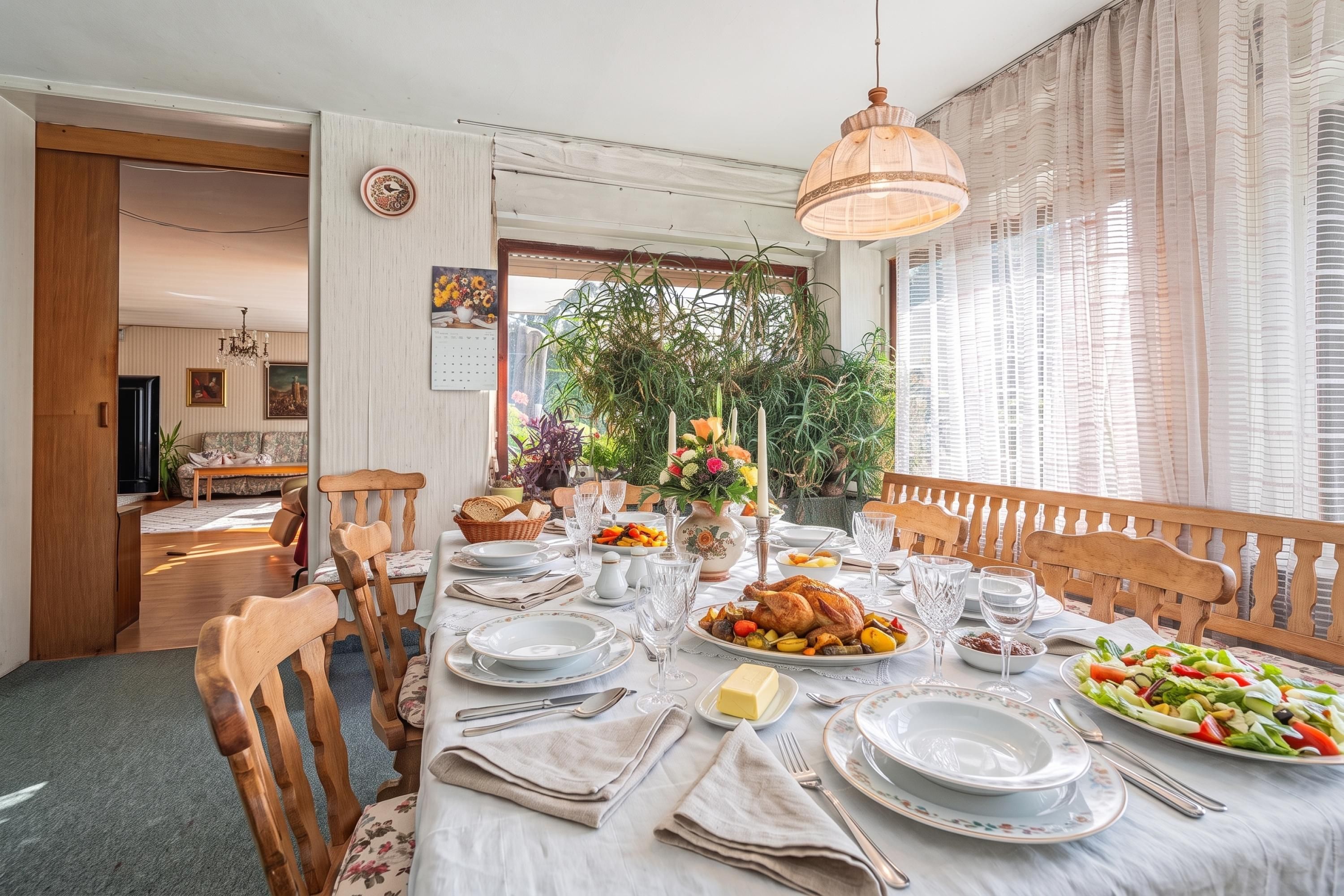 A dining room with a table set for a meal, chairs, a chandelier, and a view of a garden through the window.