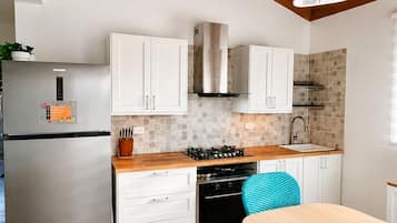 Full-size fridge, cookware/dishes/utensils