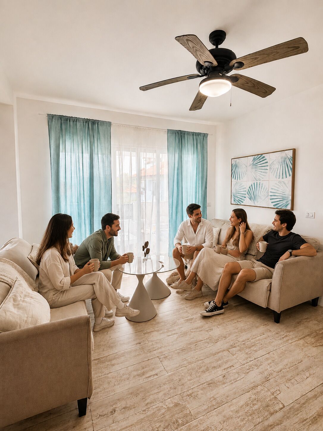 A group of people sitting on a beige sofa in a room with a ceiling fan, a coffee table, and a painting on the wall.
