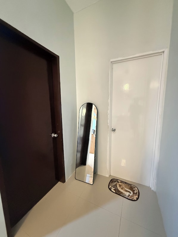 A hallway with a dark wooden door, a white door, and a mirror reflecting part of the room.