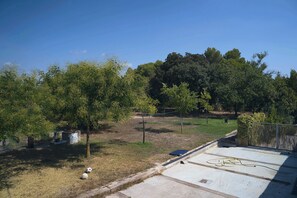 Un patio con árboles, un banco de hormigón y una manguera.