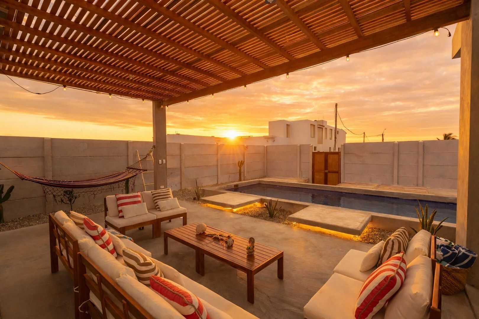 Une terrasse sur le toit avec une piscine, du mobilier d’extérieur et un hamac.