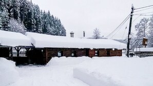 A snow-covered wooden cabin with a steep driveway leading to the entrance.